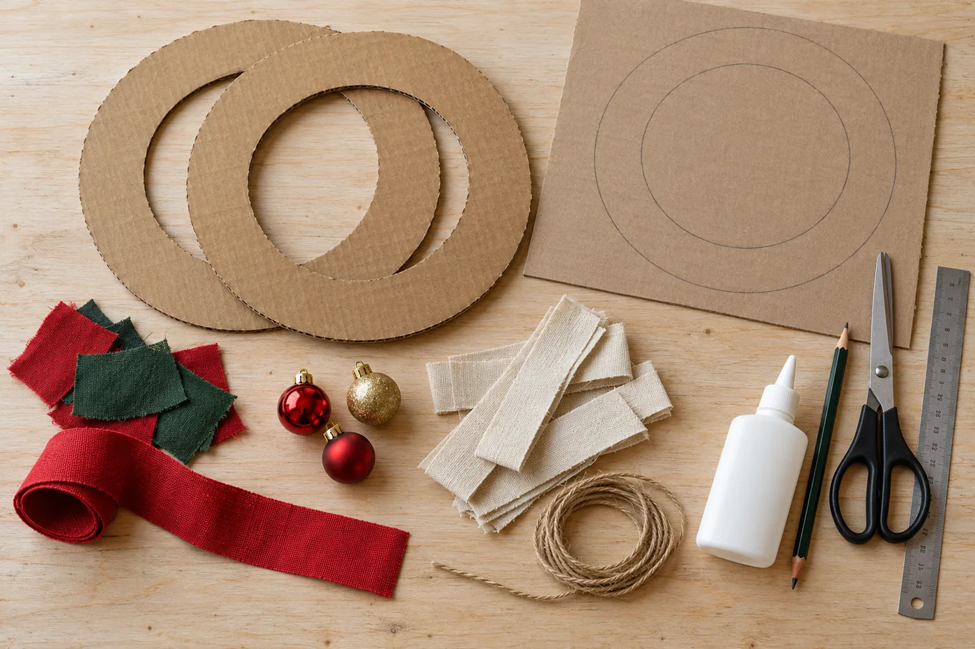 Argolas de papelão, tiras de tecido, retalhos, barbante, cola branca e bolas de Natal sobre uma mesa